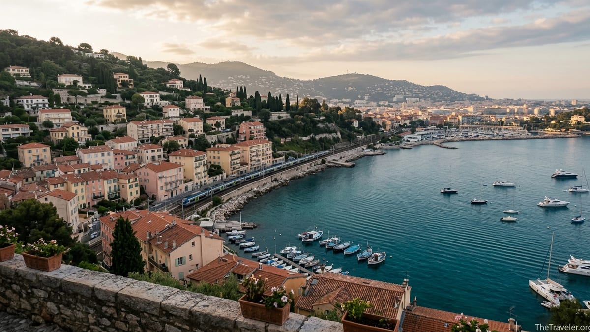 Sunrise view over Villefranche sur Mer bay with train line and distant Nice skyline.