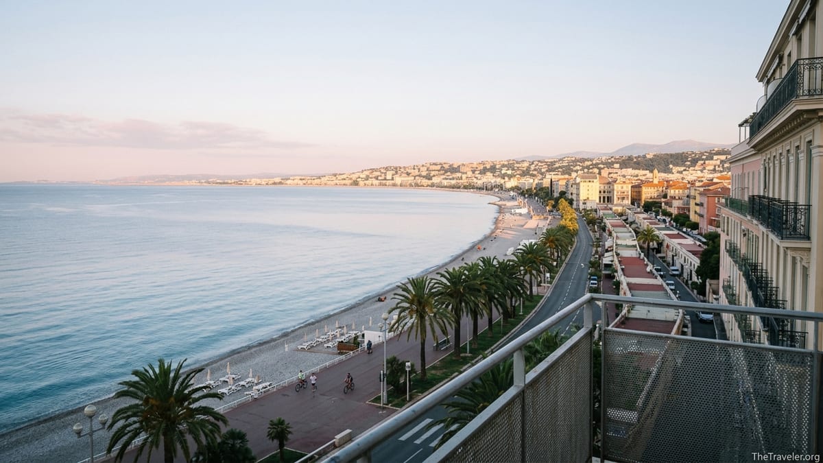 Sunrise over Nice’s Promenade des Anglais with palm trees, beach and calm sea.