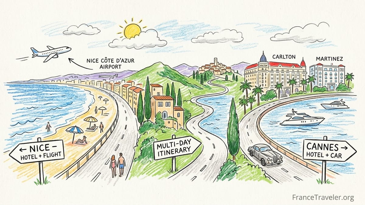 Sunrise over Nice on the French Riviera with beach, promenade and hotel rooftop pool.