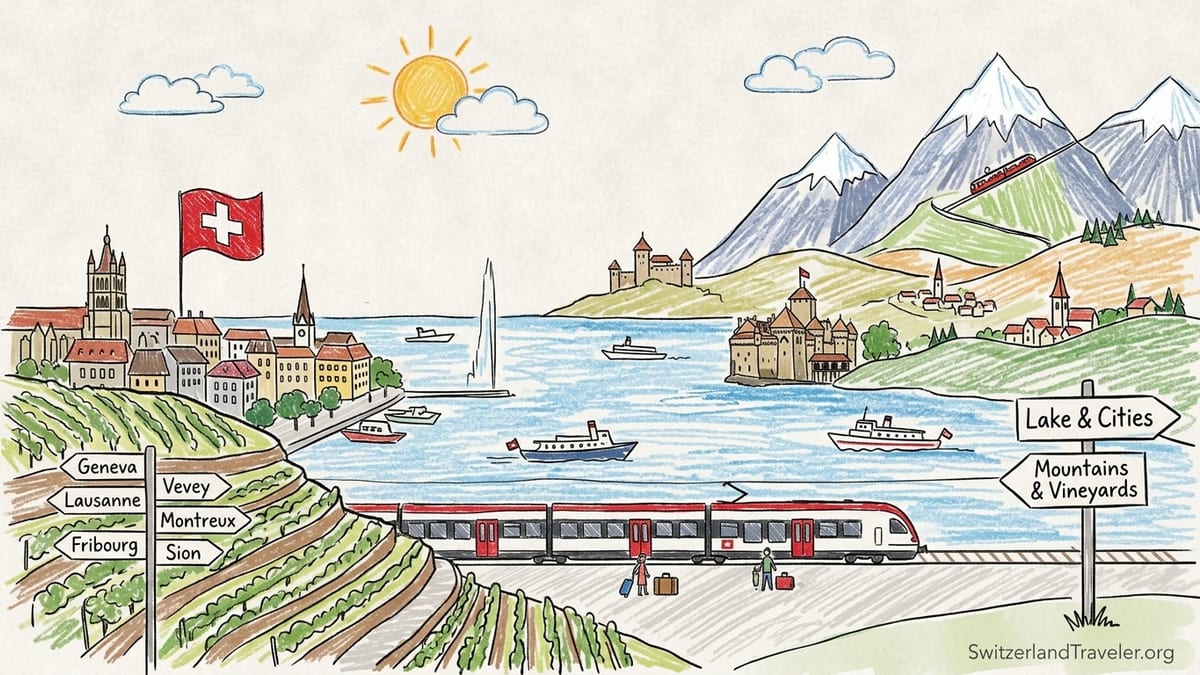 Lake Geneva with Lavaux vineyards, a lakeside promenade and Swiss Alps in soft afternoon light.