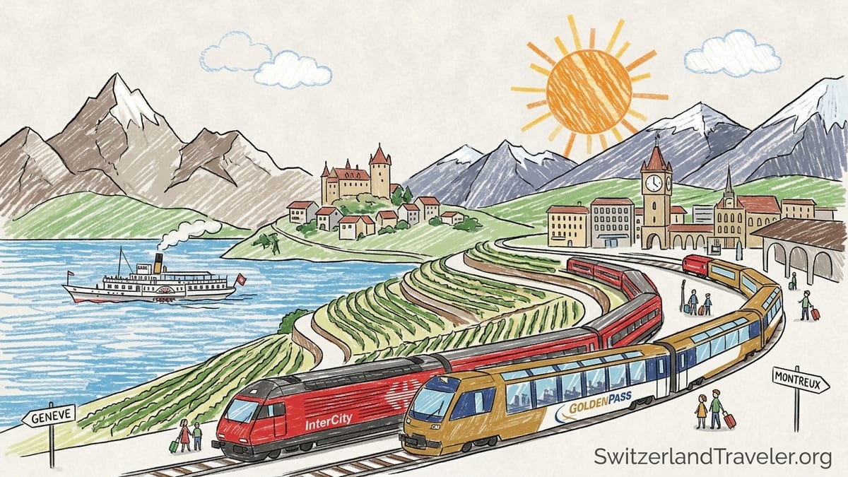 Regional train passing above terraced Lavaux vineyards overlooking Lake Geneva and the Alps.