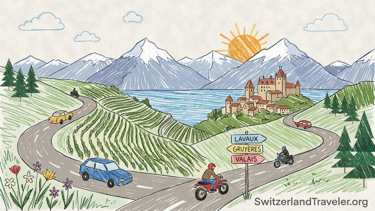 Lavaux vineyards above Lake Geneva with road, small car and distant Alps at sunset