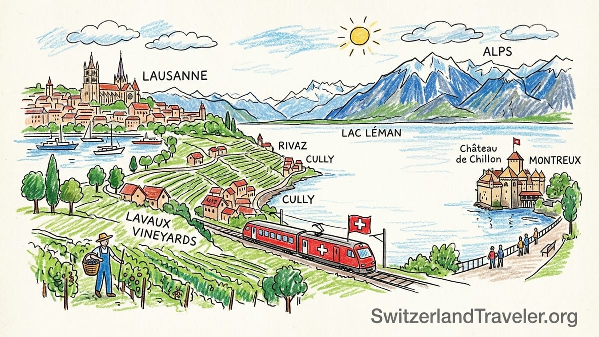 Lavaux vineyard terraces above Lake Geneva with train, villages and Alps at sunset.