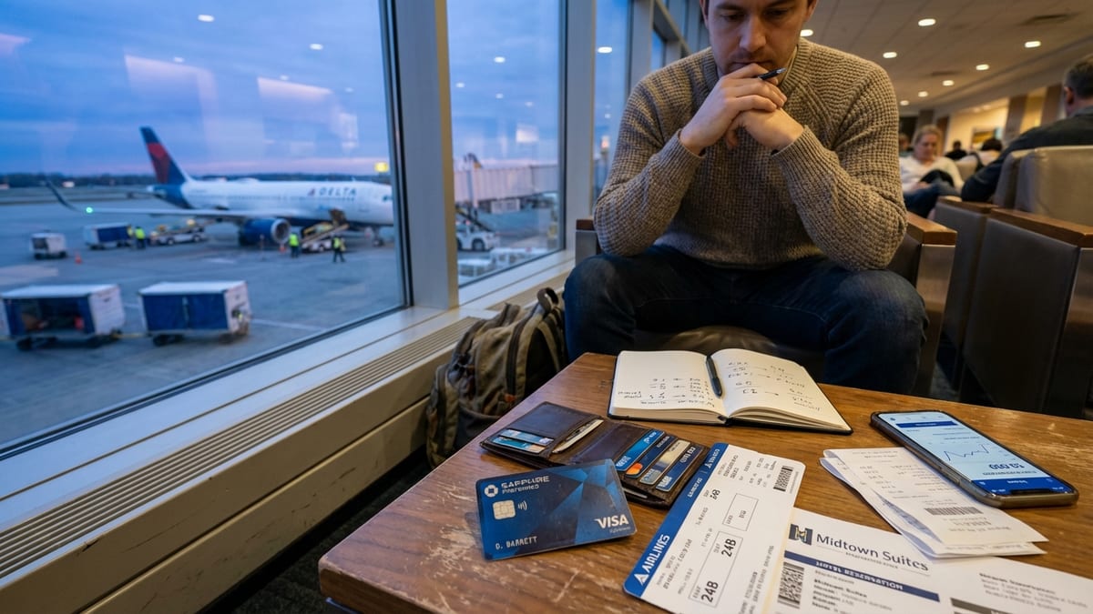 Frequent traveler contemplates value of Chase Sapphire Preferred card in airport lounge. 