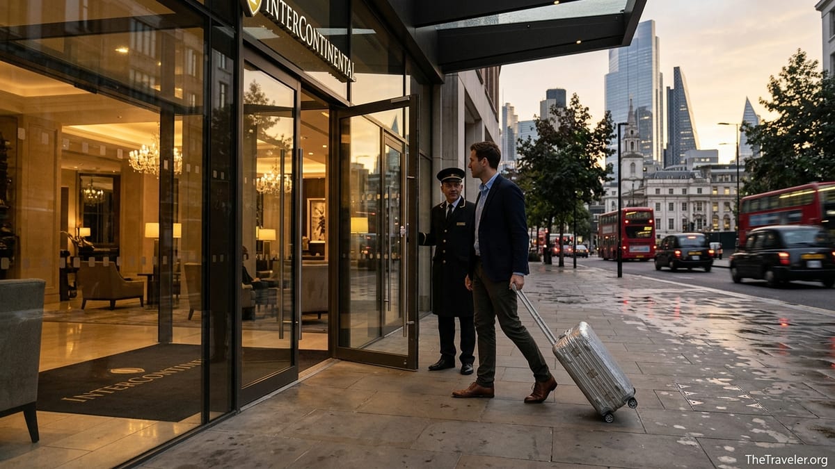 Frequent traveler with carry-on suitcase arriving at an illuminated InterContinental hotel entrance at dusk.