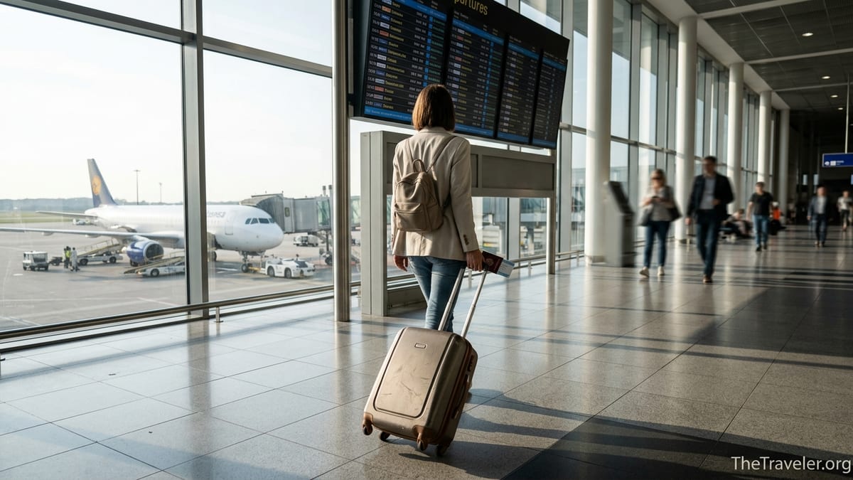 Frequent traveler with carry-on walking through a bright airport terminal at dawn.