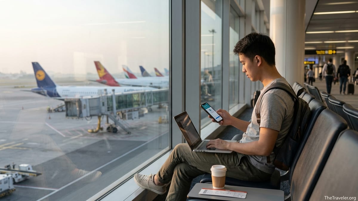 Traveler using phone with global SIM app in airport overlooking international planes.