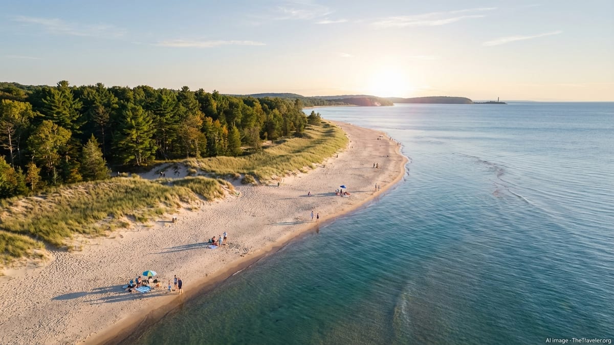 Aerial view of a wide sandy freshwater beach backed by dunes and forest at sunset.