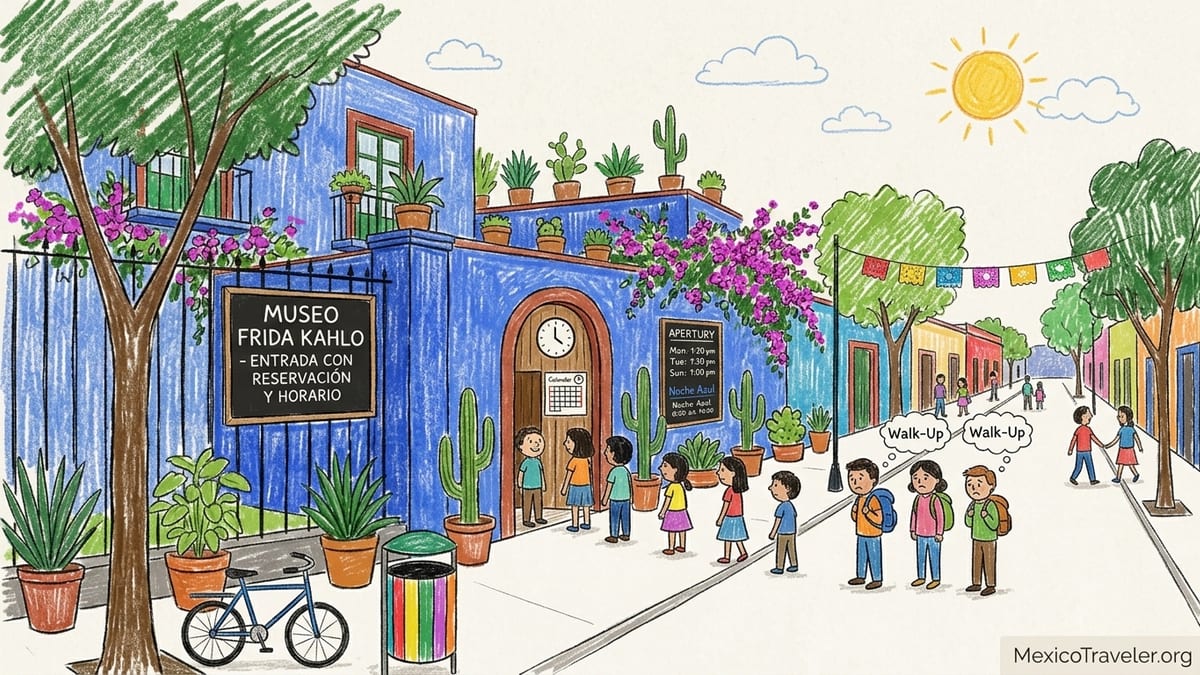 Visitors queue outside the bright blue Casa Azul entrance in Coyoacán, Mexico City, on a sunny morning.