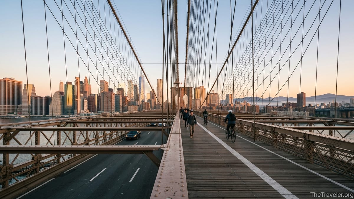 Brooklyn Bridge at sunrise with Manhattan skyline and distant forested mountains.