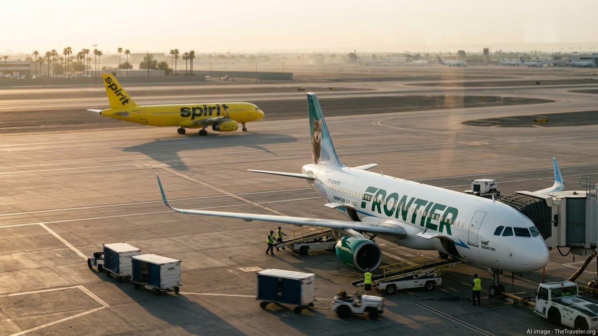 Frontier jet at a sunbelt airport gate at sunrise as a Spirit plane taxis away.