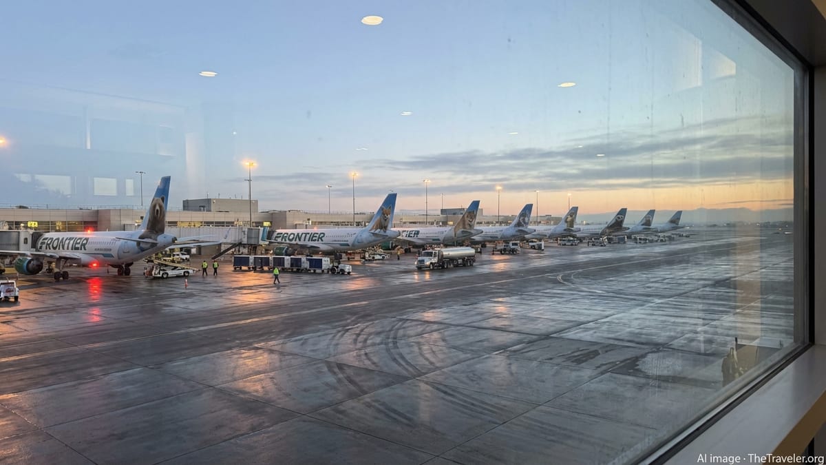 Frontier Airlines Airbus jets lined up at Denver gates in soft dawn light with ramp crews working.