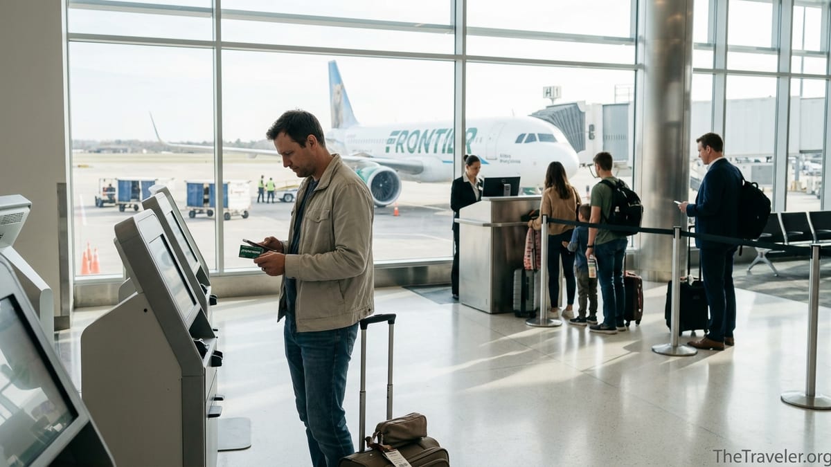 Traveler holding a Frontier-branded credit card at an airport gate with a Frontier plane outside.