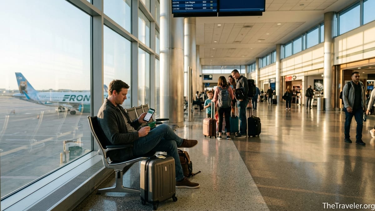 Traveler holding a Frontier Airlines World Mastercard at an airport gate with a Frontier plane outside.
