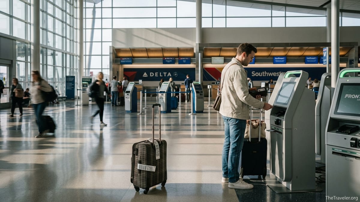 Traveler using a credit card at a Frontier Airlines check-in kiosk beside other airline counters in a busy airport.