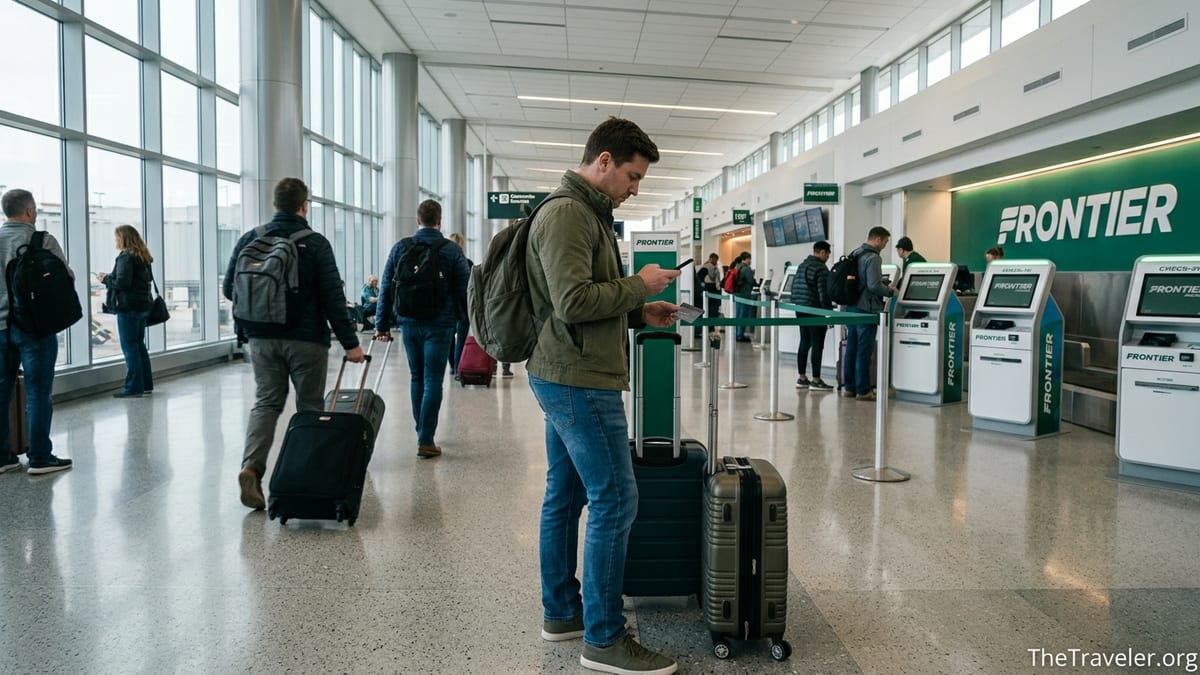 Traveler holding a credit card in line at a Frontier Airlines airport check-in area.