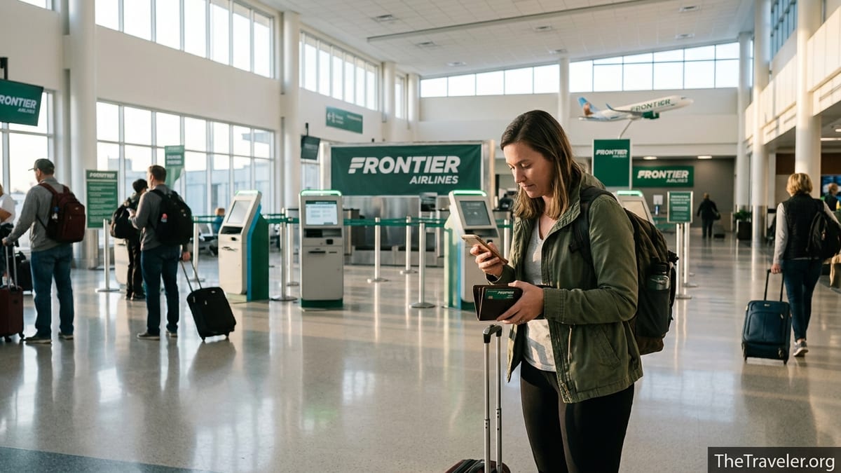 Traveler holding a Frontier Airlines credit card at a busy airport check-in area.