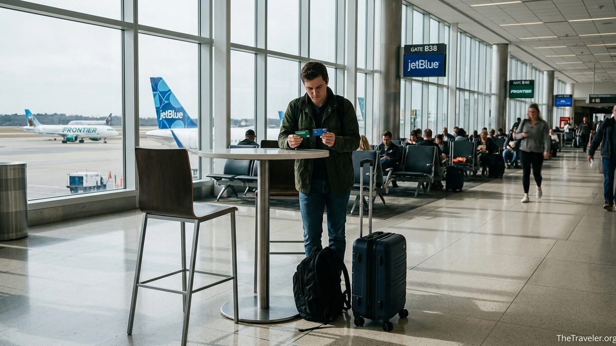 Traveler compares Frontier and JetBlue credit cards in a bright airport terminal.