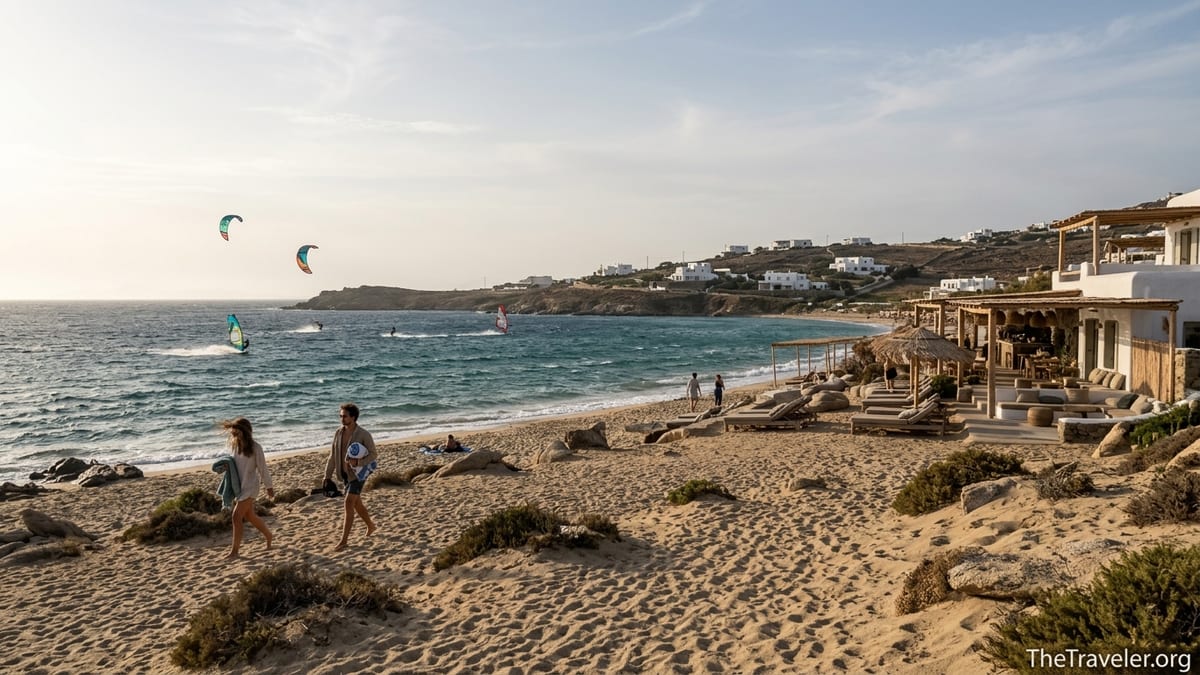 Windswept Ftelia Beach in Mykonos with kitesurfers, waves and a rustic beach club