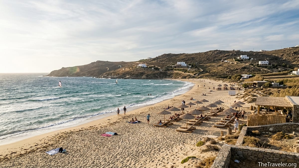 Windy afternoon at Ftelia Beach in Mykonos with waves, open sand and a few low-key beach clubs.