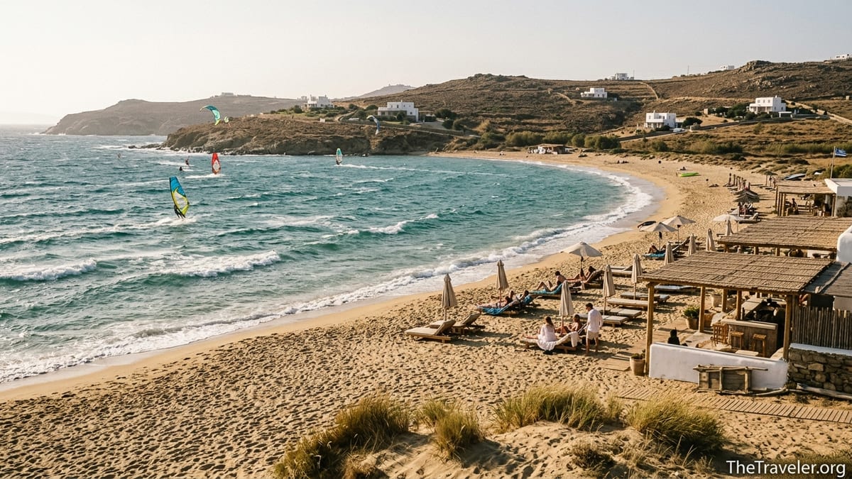 Windswept Ftelia Beach in Mykonos with surfers and a boho beach club at sunset.