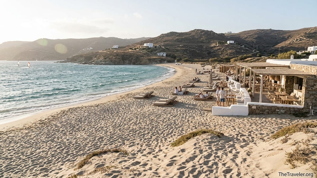 Windy Ftelia Beach in Mykonos with boho beach bar and waves on a sunny afternoon.