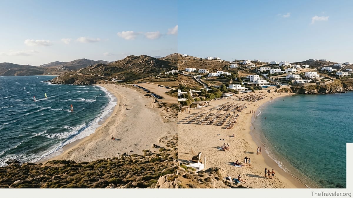 Aerial view contrasting wild Ftelia Beach and organized Elia Beach on Mykonos at sunset.