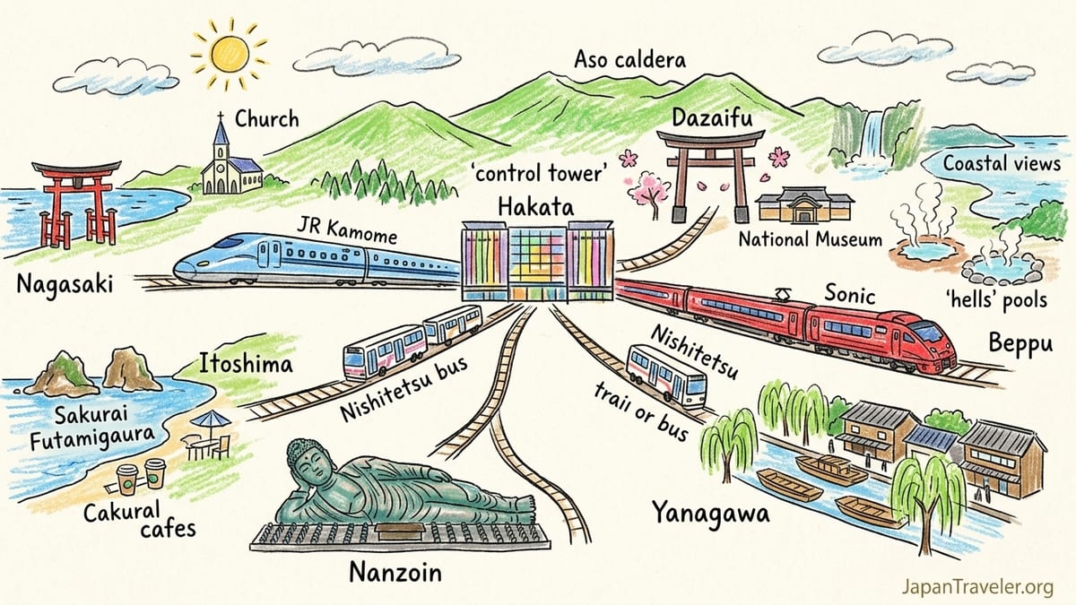 JR train leaving Hakata Station in Fukuoka with city skyline and Kyushu hills beyond