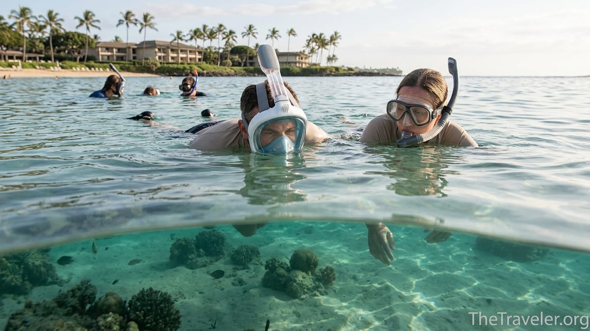 Snorkelers using a full-face mask and a traditional mask side by side in clear tropical water.
