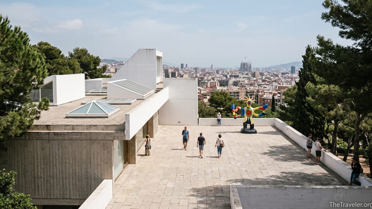 Terrace of Fundació Joan Miró on Montjuïc with white modernist architecture, Miró sculpture and views over Barcelona.