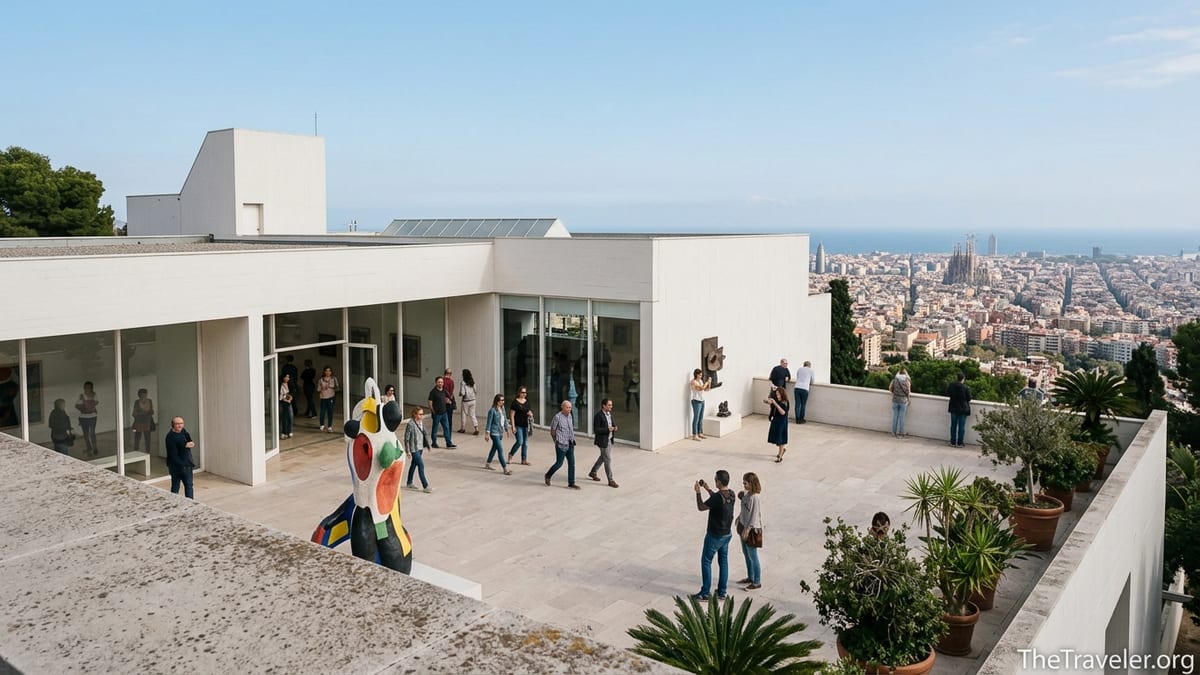 Terrace of Fundació Joan Miró on Montjuïc with visitors and panoramic view over Barcelona.