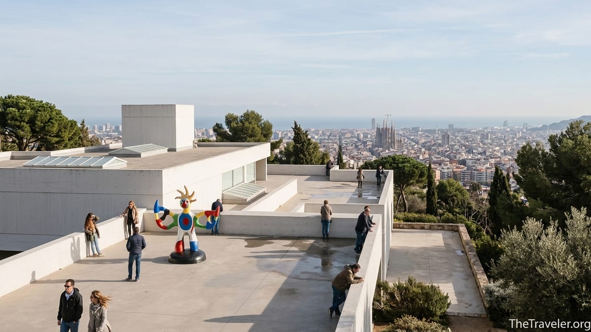 Terrace of Fundació Joan Miró on Montjuïc with visitors, Miró sculpture, and Barcelona skyline below.