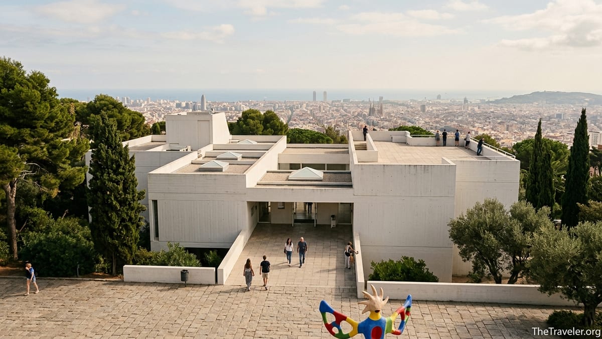 Fundació Joan Miró on Montjuïc with visitors on terraces and Barcelona skyline below.