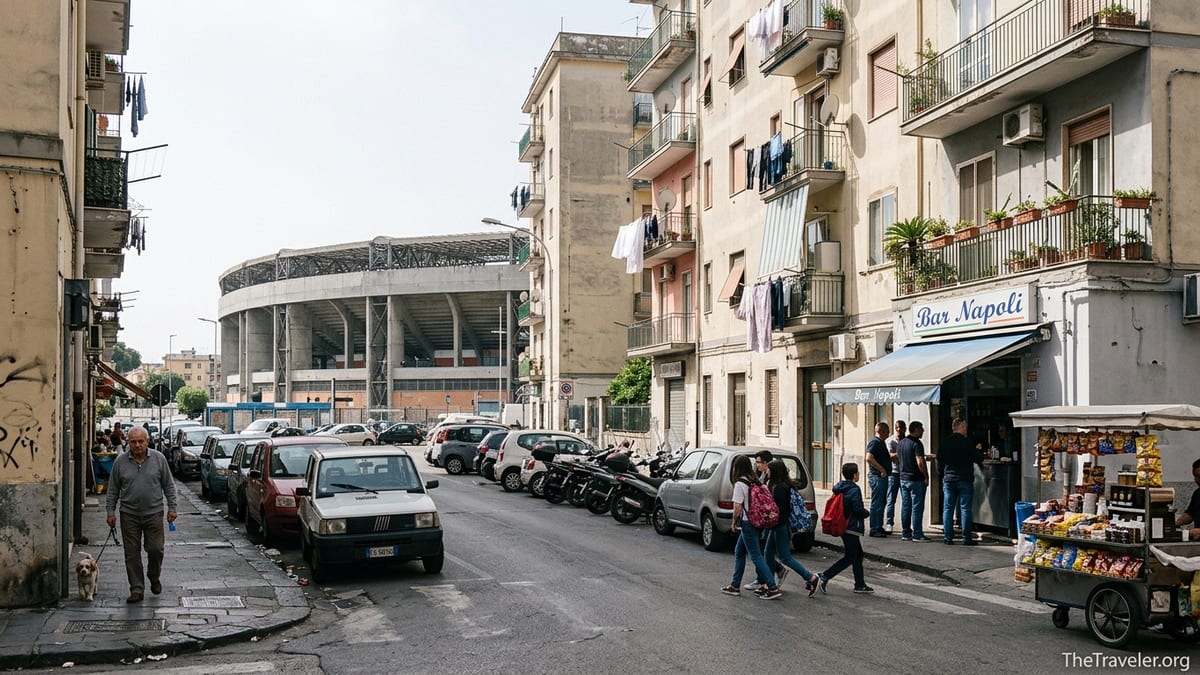 Street scene in Fuorigrotta, Naples, with stadium, apartments, scooters and locals at a bar.