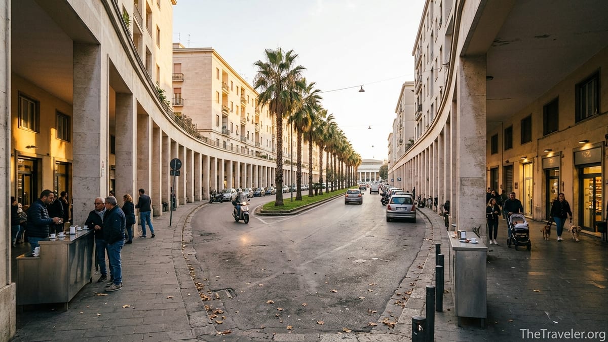 Early evening street with porticoes and palms on Viale Augusto in Fuorigrotta, Naples.