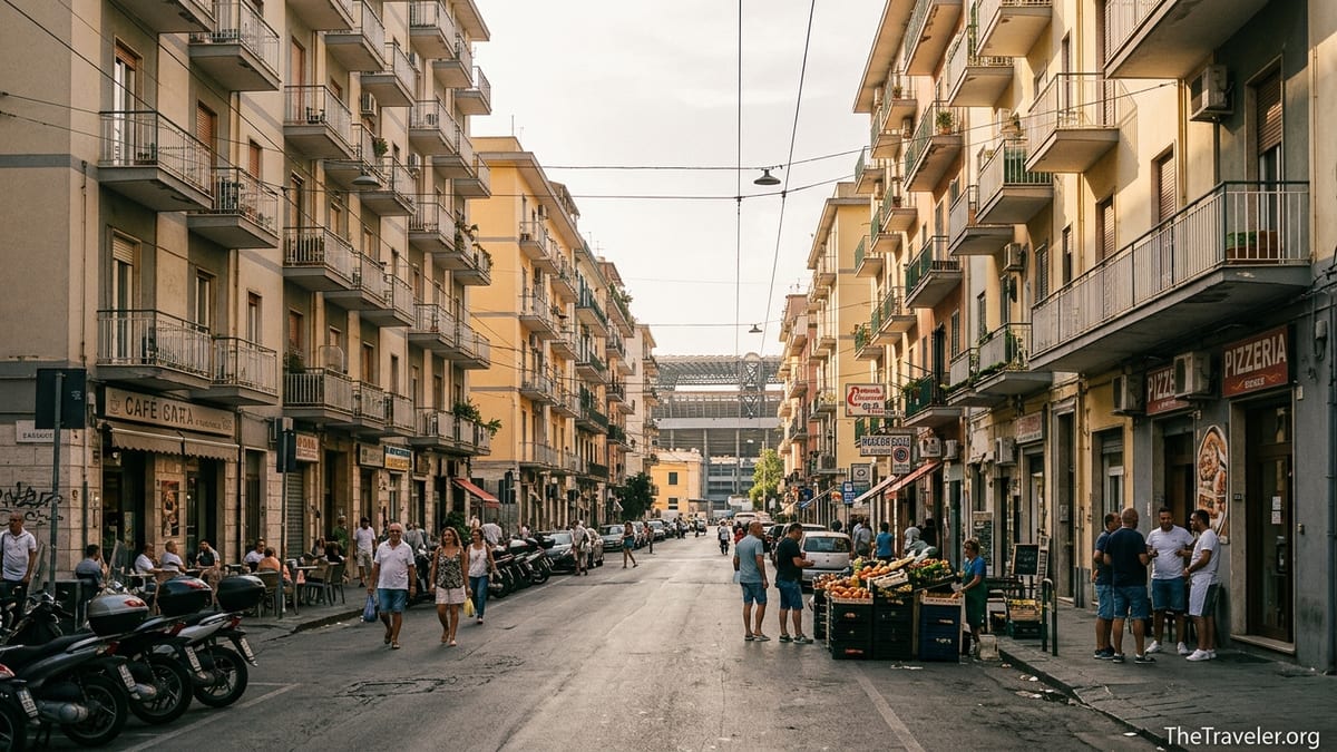 Local street life in Fuorigrotta, Naples, with cafés, scooters and apartment blocks.
