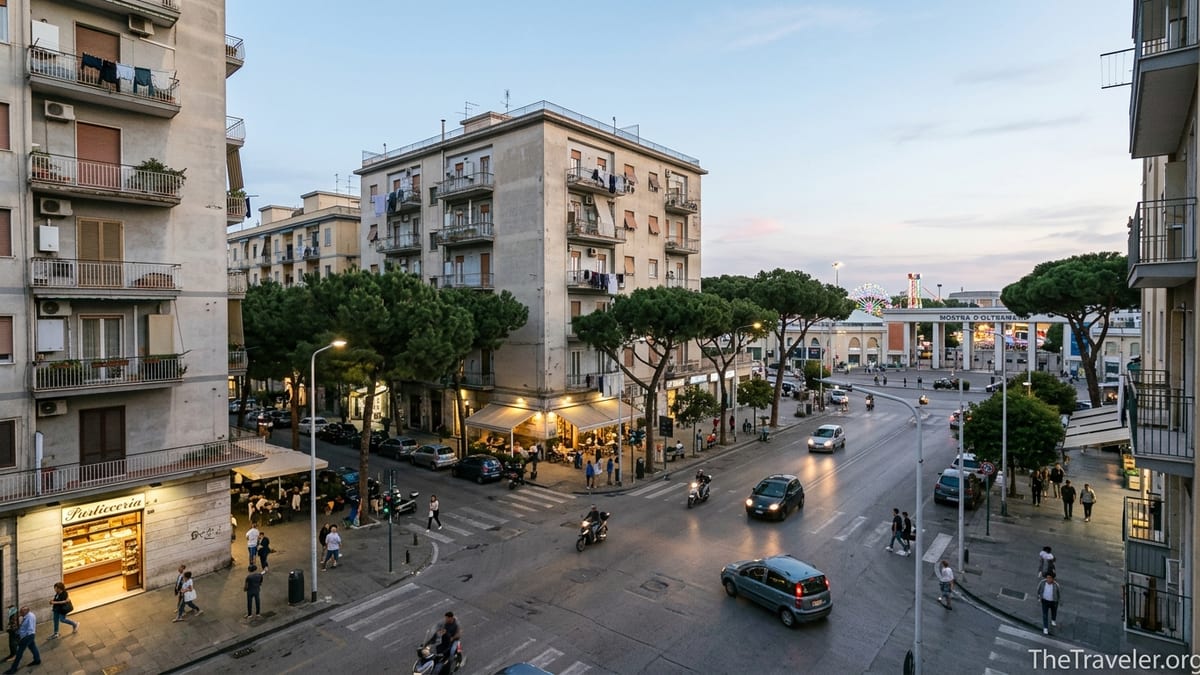 Early evening street scene in Fuorigrotta, Naples with locals walking past cafés and fairground lights in the distance.