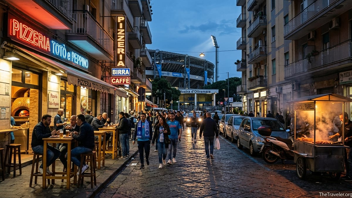 Evening street scene in Fuorigrotta, Naples, with pizzeria, scooters and distant stadium lights.