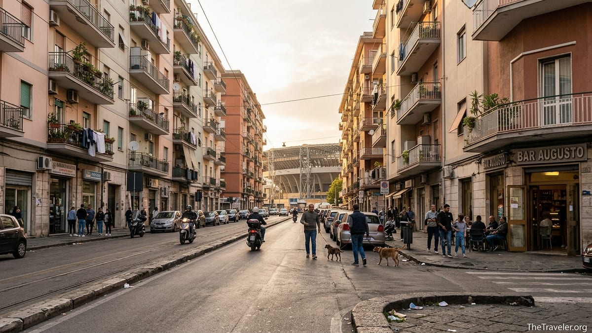 Everyday street life on a busy boulevard in Fuorigrotta, Naples, with locals, scooters and stadium in the background.