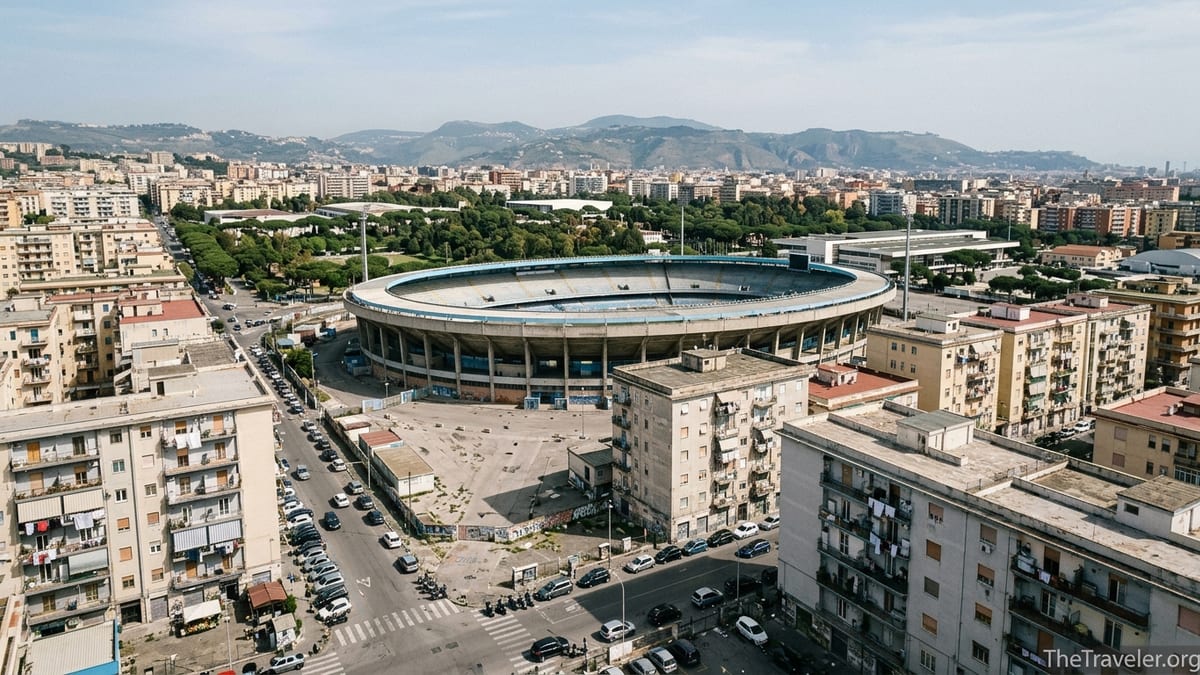 Aerial view of Fuorigrotta with Maradona Stadium and surrounding Naples streets.