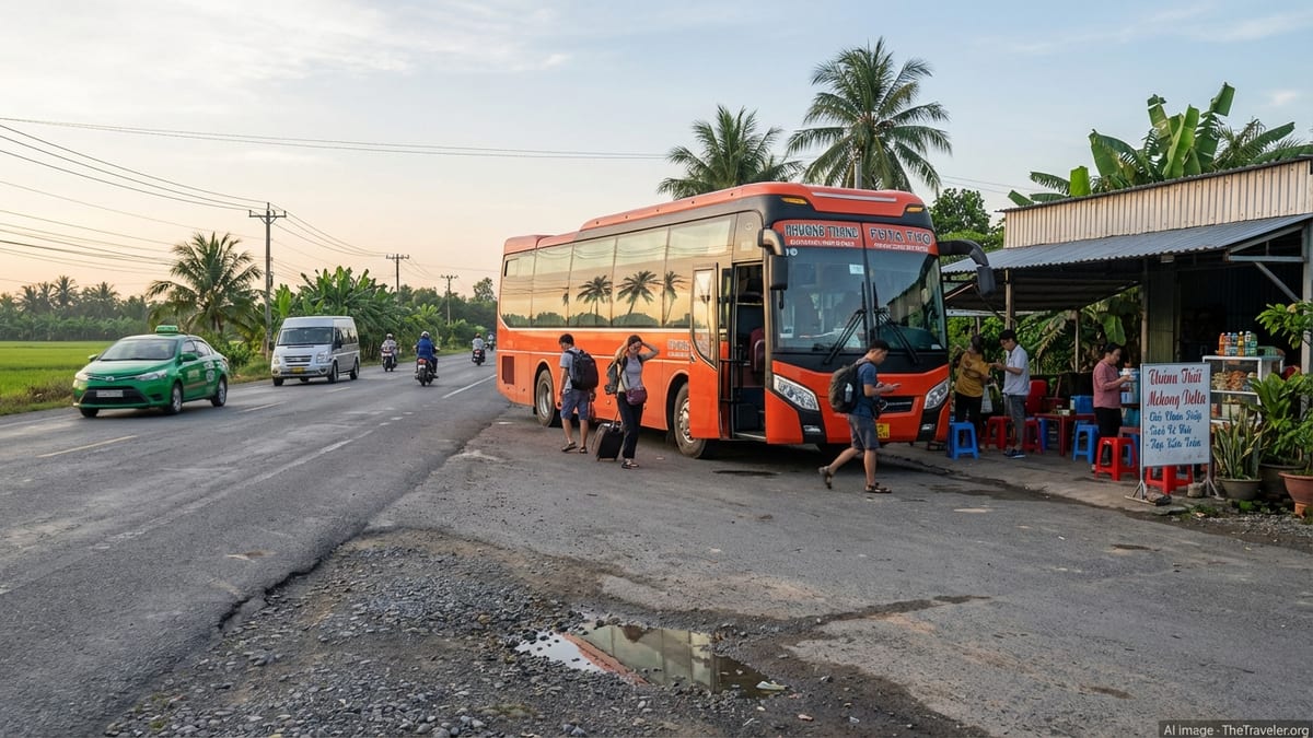 Early morning at a roadside café in southern Vietnam with a FUTA sleeper bus.