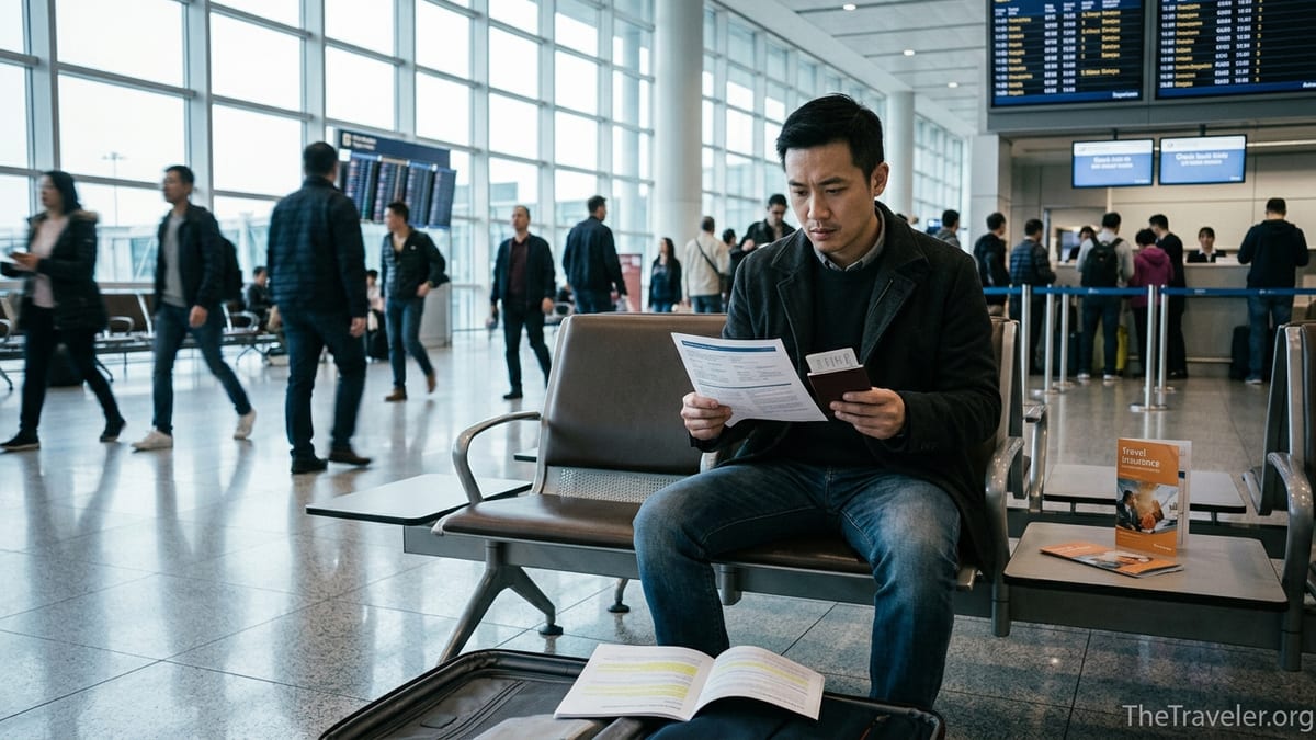 Traveler reading travel insurance documents in an airport departure lounge.