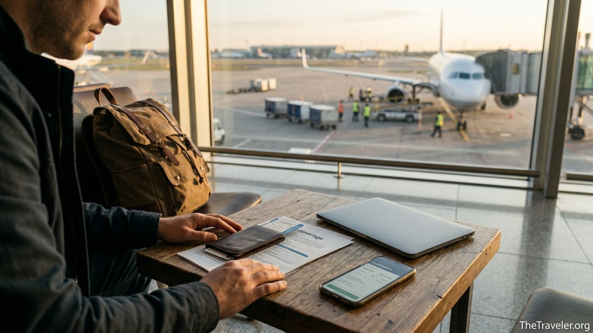 Traveler reviewing travel insurance documents at an airport table before boarding a flight.