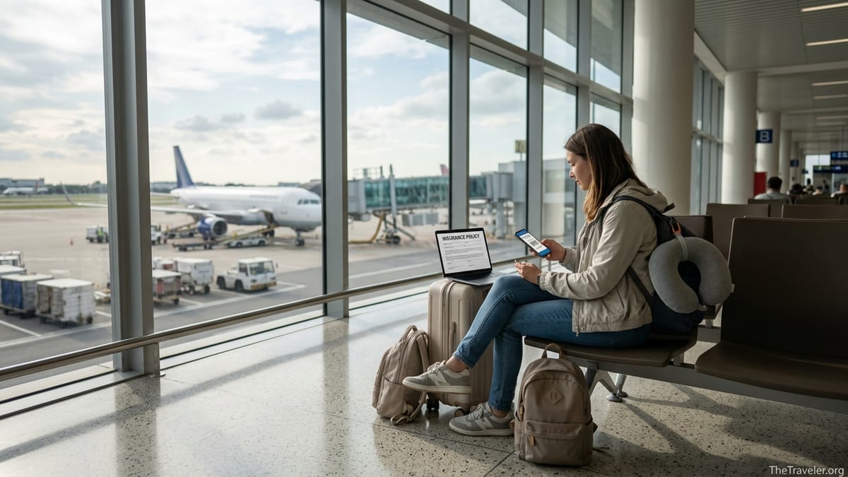 Traveler at airport lounge reviewing digital travel insurance on a laptop before boarding.