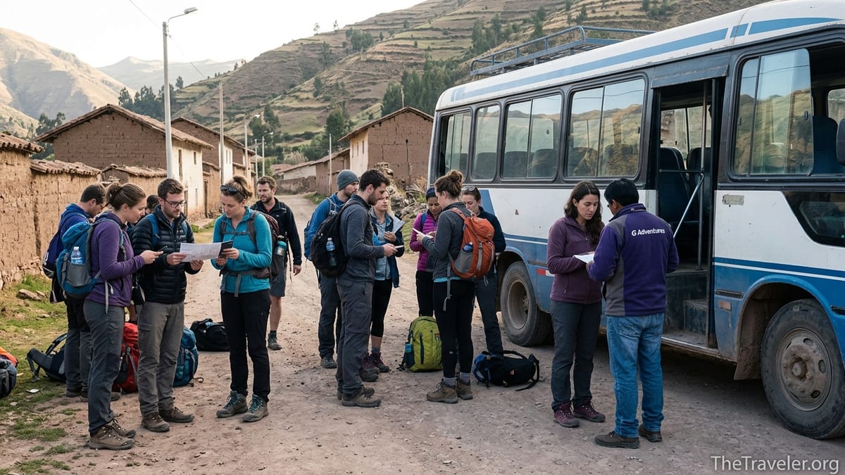 Small group of G Adventures-style travelers beside a bus on a rural Peruvian road at sunrise.