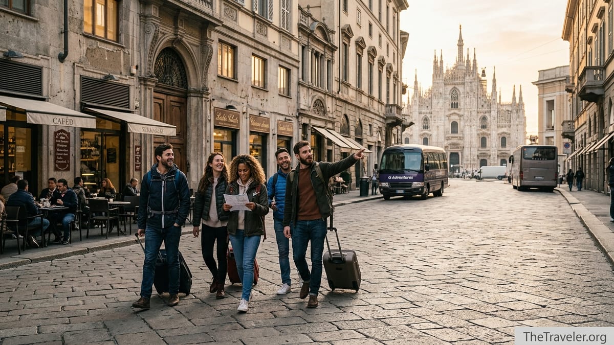 Small group of travelers with bags walking past a tour bus on a European street at sunset.
