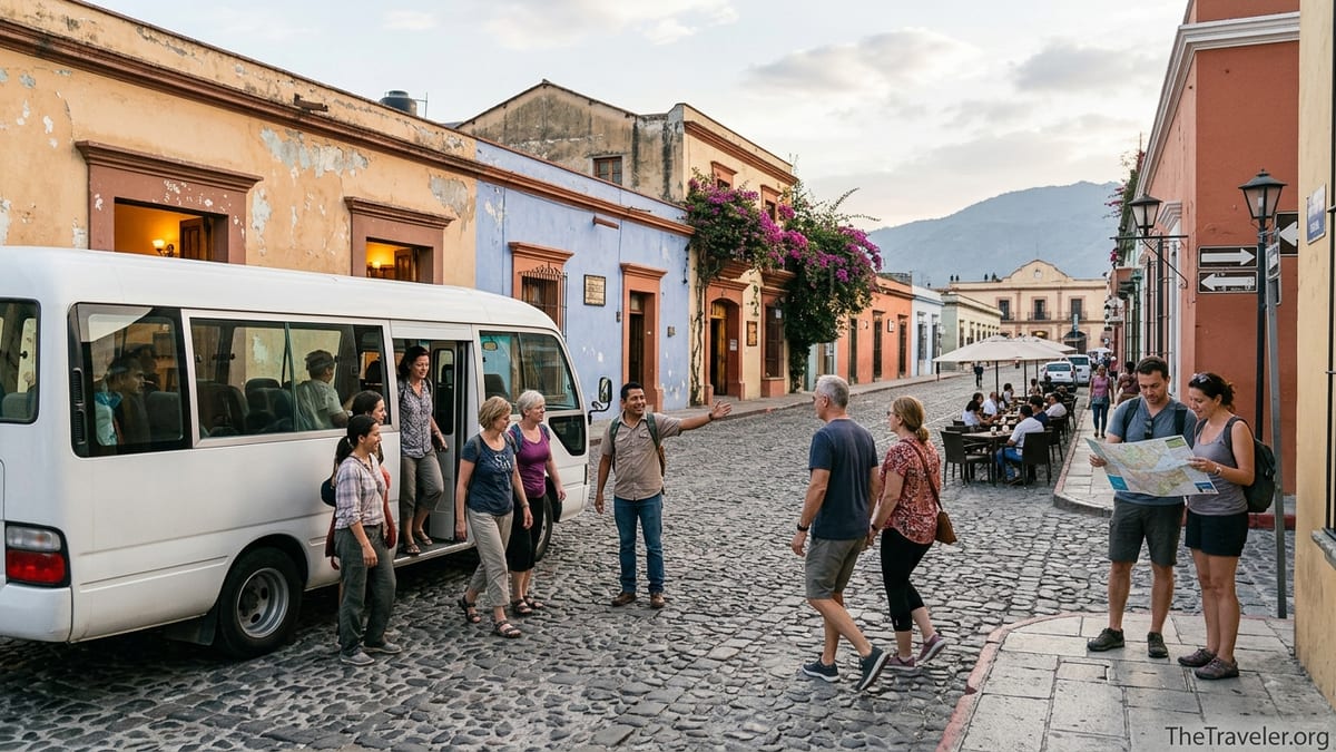 Small group of travelers stepping off a minibus into a colorful town at sunset