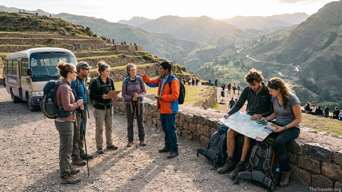 Travelers in the Peruvian Andes weighing a group tour minibus against independent backpacking.