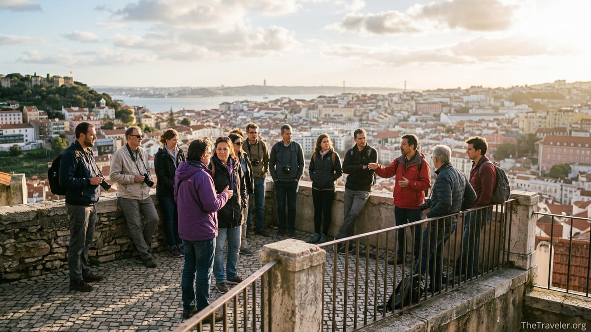 Small group of travelers with local guides overlooking a European city at sunset.