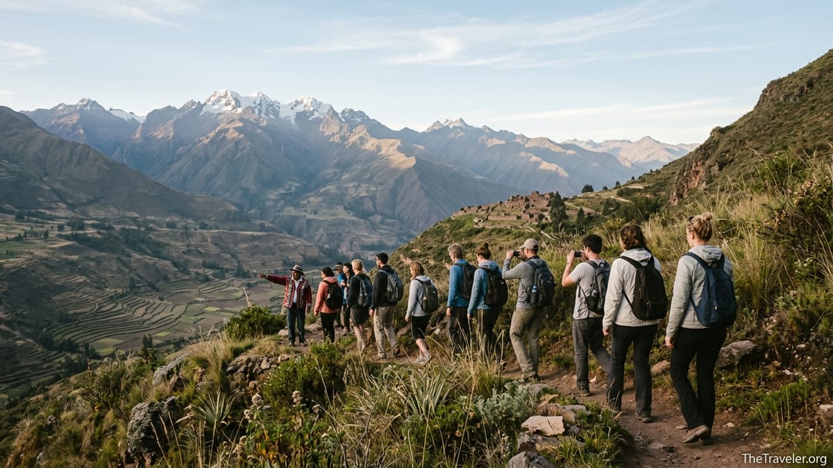 Small tour group hiking above Peru’s Sacred Valley with Andes mountains in the background.